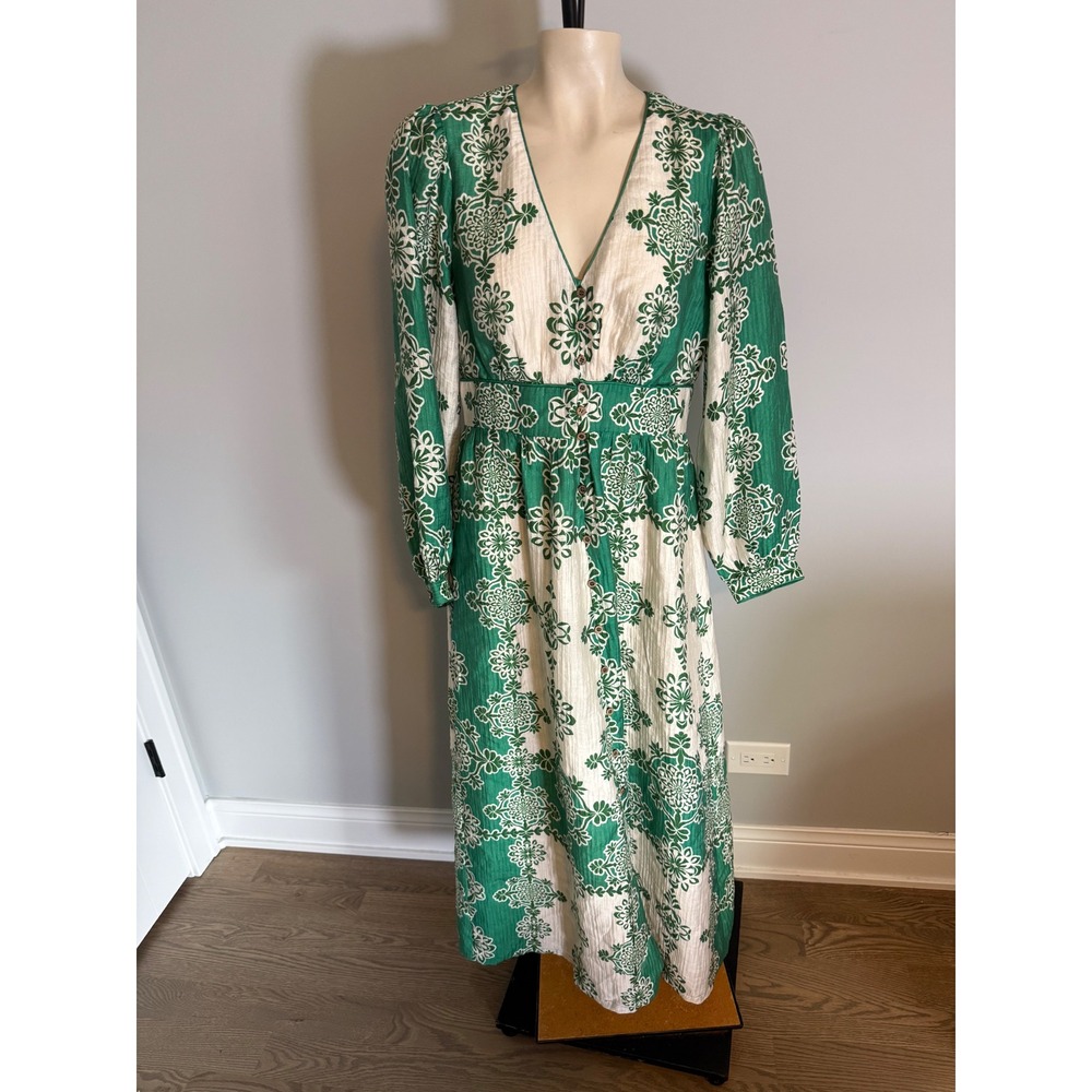 Adelyn Rae Green Ivory Medallion Print V-Neck Button Front Maxi Dress Womens M
